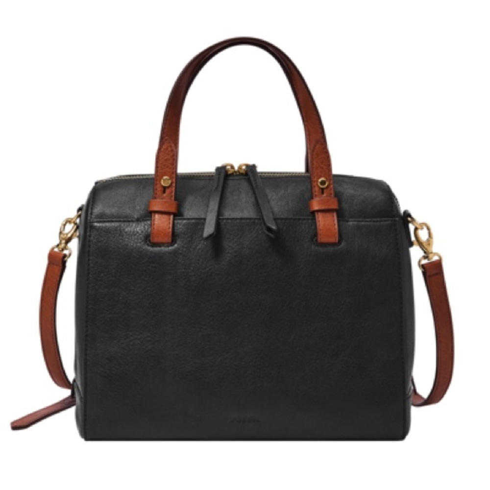 Fossil Black and Brown Leather Satchel Crossbody Bag
